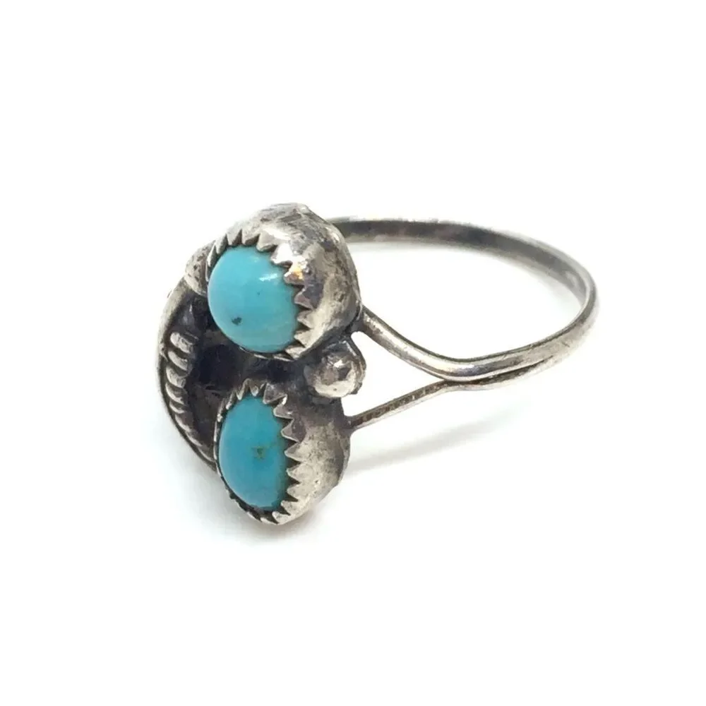 VINTAGE STERLING TURQUOISE Ring Double Stone Southwestern Size 5.25